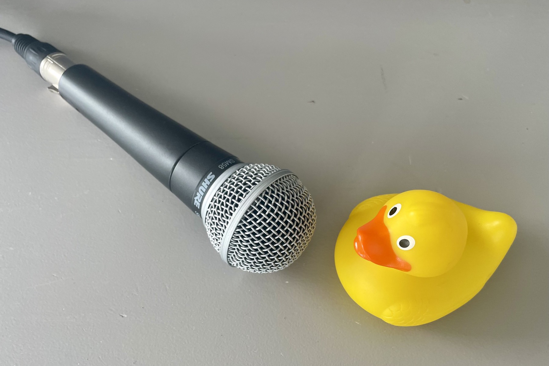 Een Shure SM58-microfoon naast een badeendje