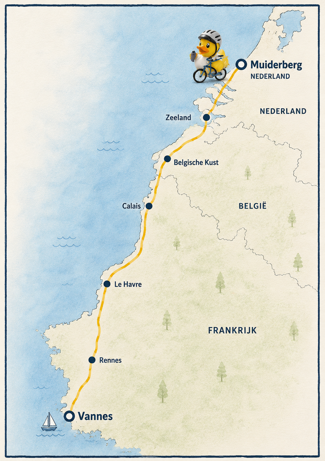 Routekaart van Muiderberg naar Vannes langs de kust