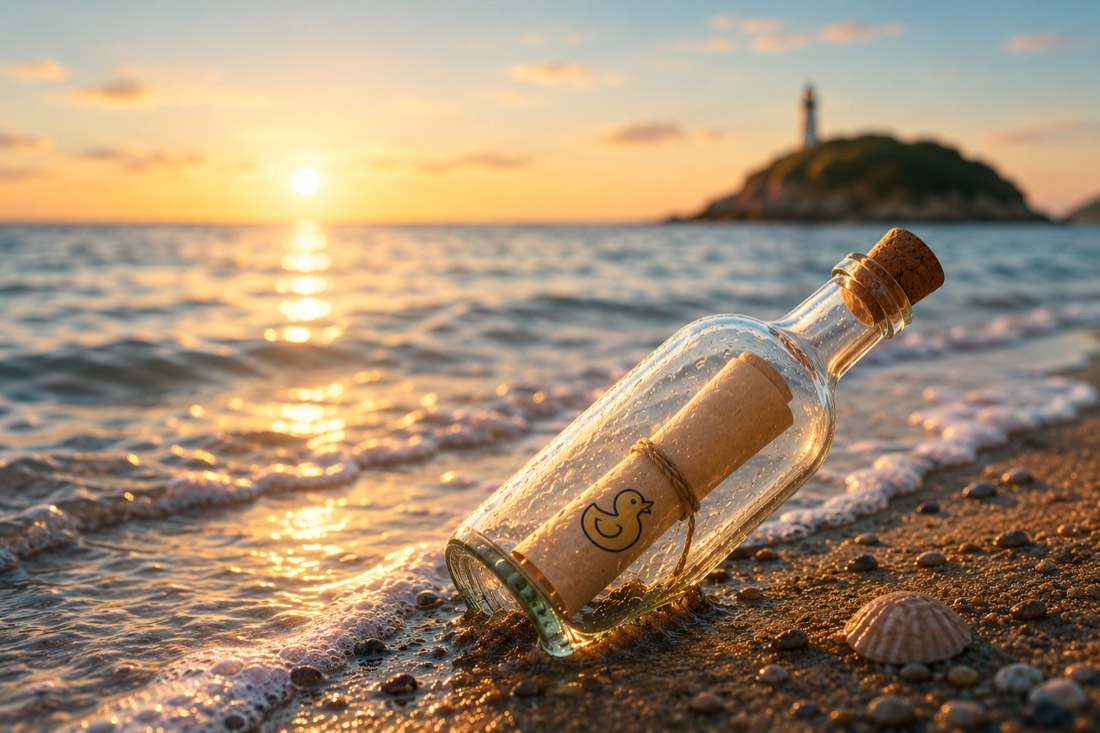 Een flessenpost met een Duck It-briefje spoelt aan op het strand bij zonsondergang