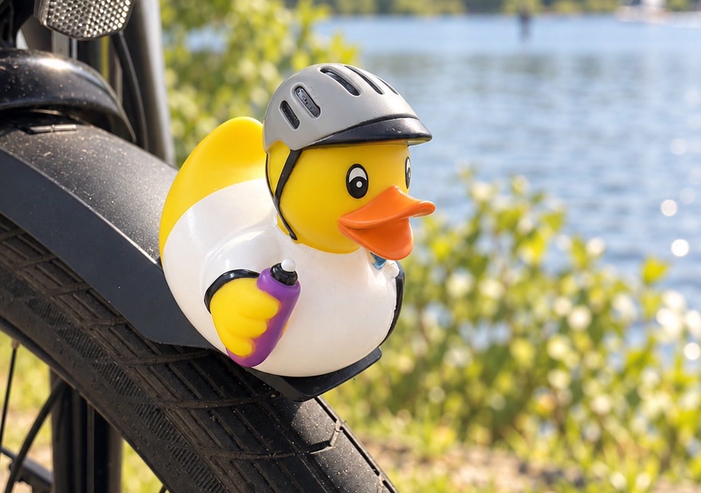 De badeend met fietshelmpje en bidon, op het voorspatbord van de fiets, met het water erachter